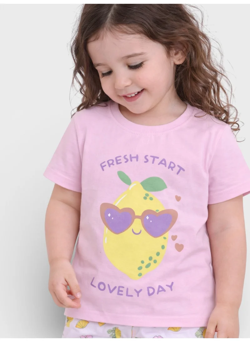 Victor And Jane  Girls Lemon Print Cotton Pajama Set – T-Shirt & Shorts Nightwear for Women | Best Price UAE